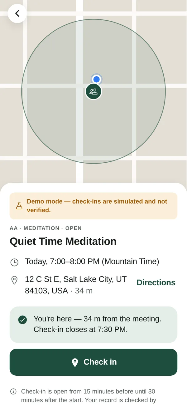 Meeting screen with a map showing the 200-meter check-in circle, the meeting address, and a Check in button.