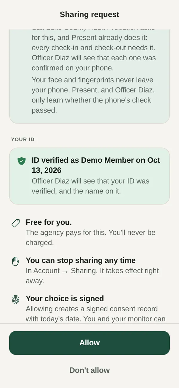 Sharing request screen showing: ID verified as Demo Member on Oct 13, 2026. The officer will see that the ID was verified, and the name on it.