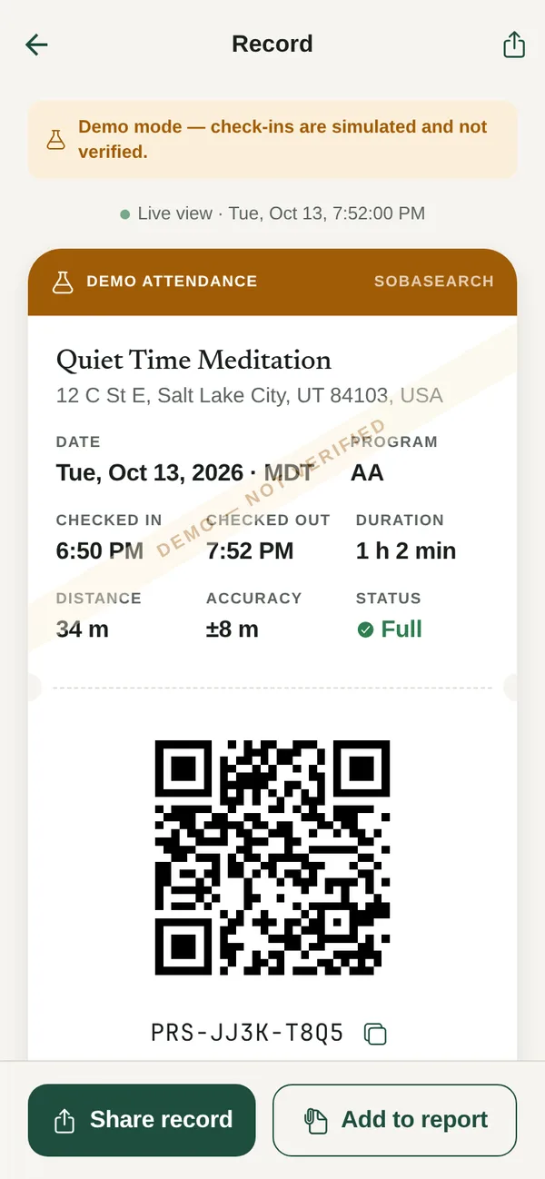 An attendance record with check-in and check-out times, distance, GPS accuracy, Full status, and a QR code with its verification code.