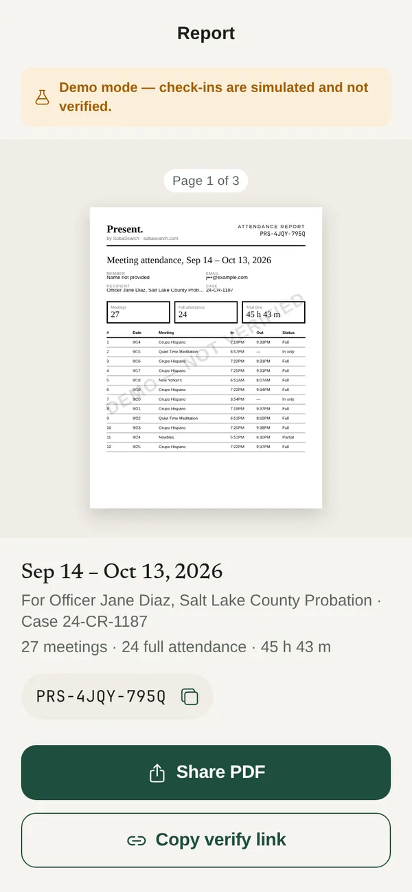 A signed attendance report for a probation officer covering a month of meetings, with Share PDF and Copy verify link buttons.
