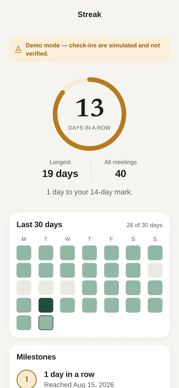 Streak screen: 13 days in a row, longest 19 days, 40 meetings in all, and a calendar of the last 30 days.
