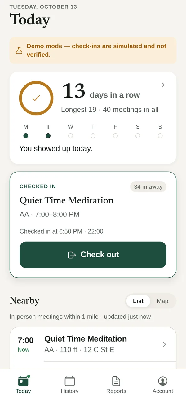 Present Today screen: a 13-day meeting streak, a checked-in meeting card with a Check out button, and nearby meetings.